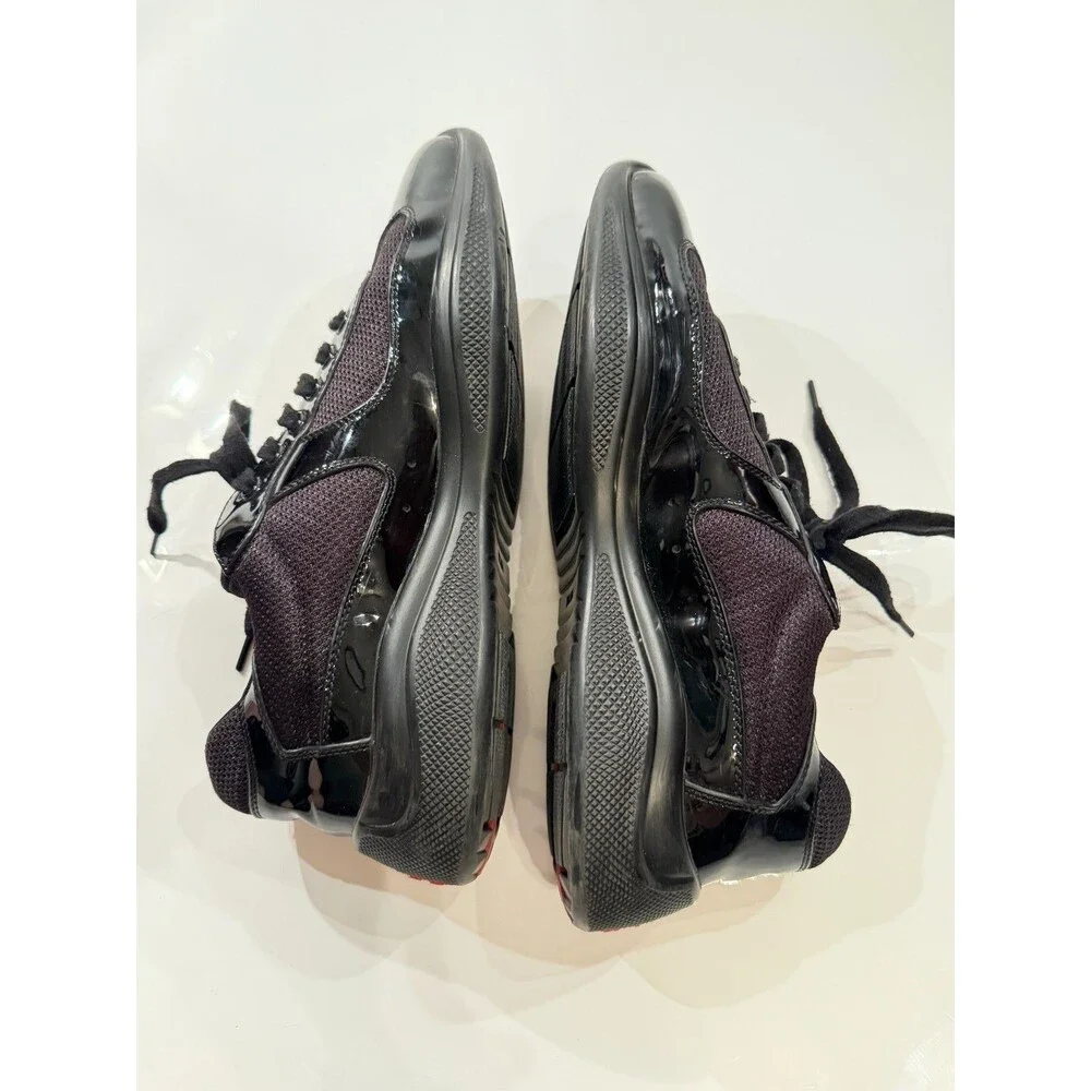 Prada Mens Americas Cup Black Patent Leather Mesh Lace-Up Sneakers US 7